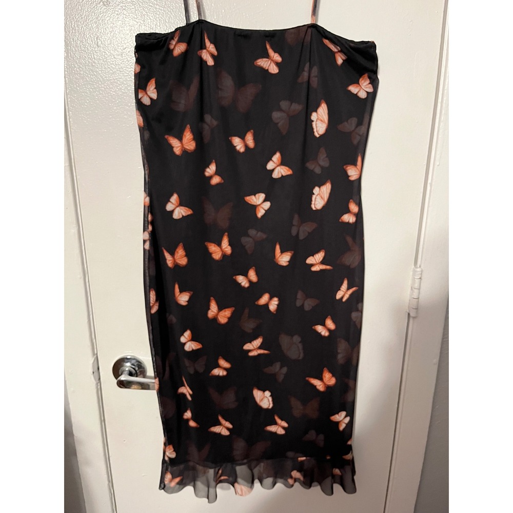 PrettyLittleThing Black Butterfly Mesh Midi Dress Ruffle Hem Size 14 Womens - Picture 8 of 10